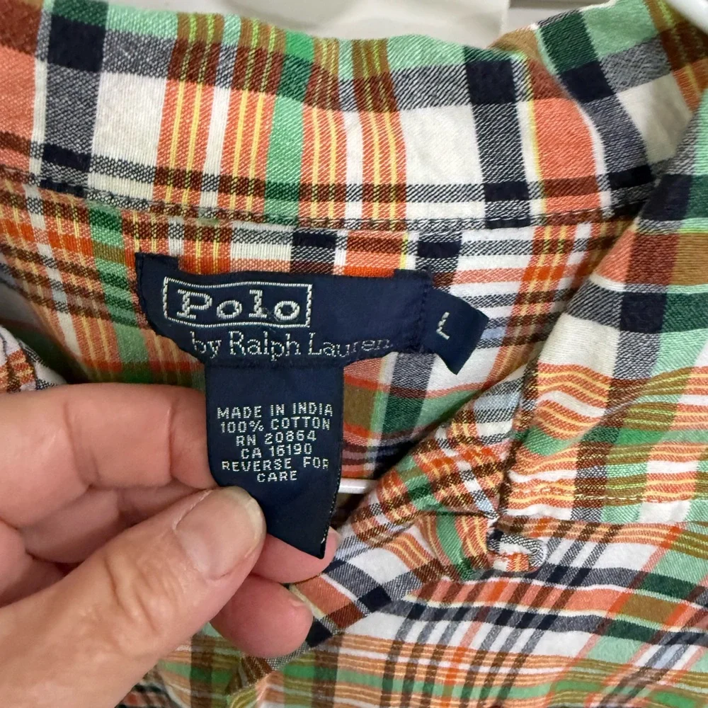 Ralph Lauren Orange, Green & White Plaid Short-Sleeve Button-Down Shirt